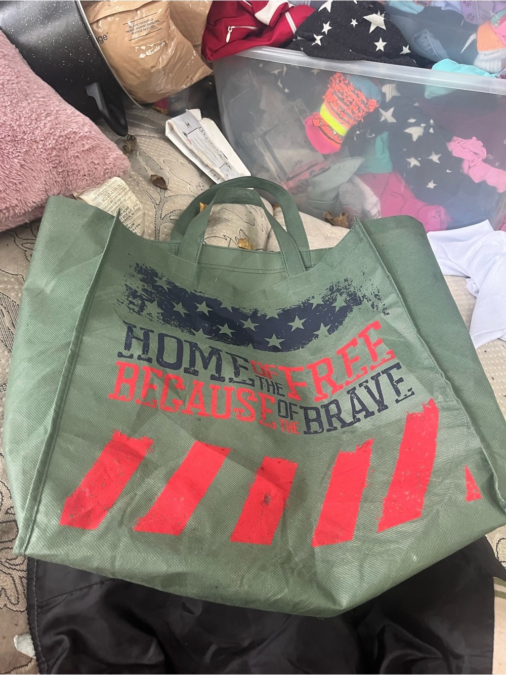 Patriotic Reusable Tote Bag - Green with Red and Navy Print